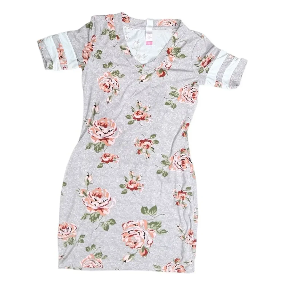 No Boundaries Women's Gray Floral Varsity Stripe T-Shirt Bodycon Mini Dress - Picture 1 of 5